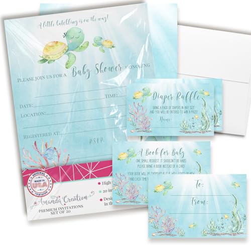 Amanda Creation Sea Turtle Baby Shower Invitations, 20 Pack 5x7 Under the Sea Kit with Diaper Raffle, Book Request Cards & Envelopes - style: Sea Turtle