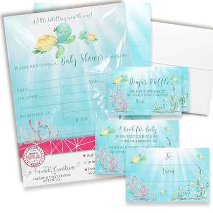 Amanda Creation Sea Turtle Baby Shower Invitations, 20 Pack 5x7 Under the Sea Kit with Diaper Raffle, Book Request Cards & Envelopes - style: Sea Turtle