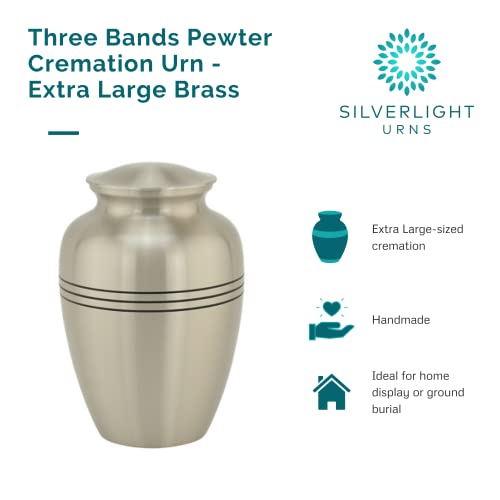 Classic Three Bands Pewter Cremation Urn for Ashes - Extra Large, Brass, Silver Urn, Extra Large Adult Sized Cremation Urn, 12 Inches High - size: Extra Large Urn