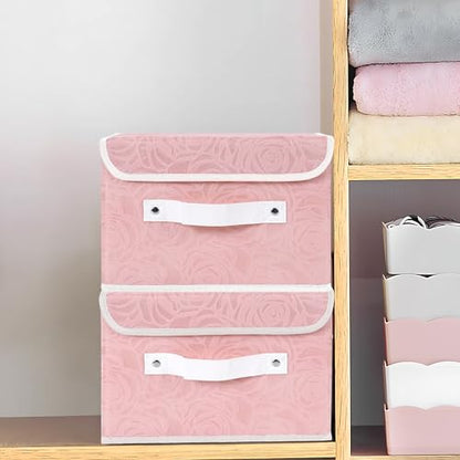 ANMINY Fabric Storage Box Bins with Lids, Rose Print, Pink, 2PCS Medium | Keepsake Memory Storage, Nonwoven Fabric, PP Board Frame, Washable, PU Handles, Foldable Stackable, Decorative, 13"x9"x7.9" - size: Medium (Pack of 2)