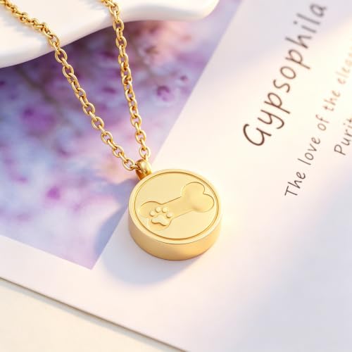 SIYUU Pet Ashes Necklace 20mm Round Shape Dog Cat Keepsake Jewelry Stainless Steel Memorial Urn Jewelry Etching Paw Print & Dog Bone Cremation Pendant Necklace - color: Gold