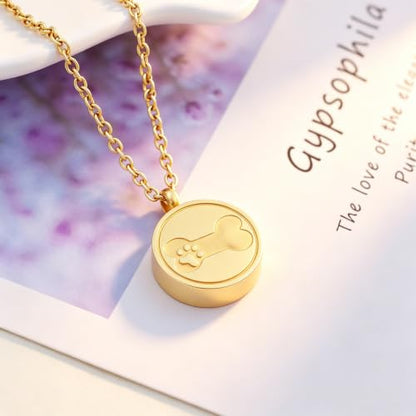 SIYUU Pet Ashes Necklace 20mm Round Shape Dog Cat Keepsake Jewelry Stainless Steel Memorial Urn Jewelry Etching Paw Print & Dog Bone Cremation Pendant Necklace - color: Gold