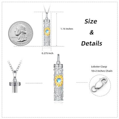 Sterling Silver Flower Tree Life Cremation Urn Necklace for Women - color: Cylin *Sunfl. 1 (GP Mo/St)