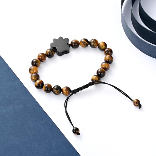 constantlife Cremation Bracelet for Ashes Stainless Steel Paw Print Urn Jewelry Braided Rope Adjustable Bangle Keepsake Pet Dog Cat Ash Holder Memorial Gift for Women Men - color: Tiger Stone-Black