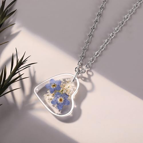 AUNTESIGN Forget-Me-Not and Queen Anne's Lace Pressed Wildflower Necklace | Birth Month Flowers Necklace | Gold/Silver Pressed Flower Jewelry | Mother's Day | Gift For Her - color: Heart Forget Me Not and Queen Anne's Lace Necklace