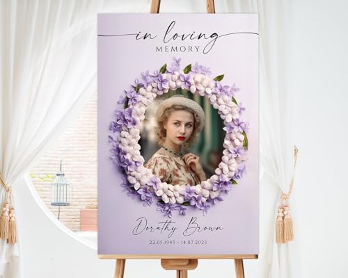 Personalized Purple Floral Funeral Welcome Sign Template – Celebration of Life Poster – Custom Memorial Board – Customizable Funeral Poster Sign with Picture - color: Multi 6