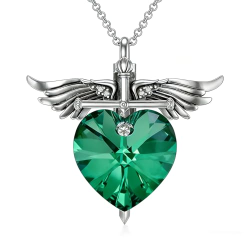 SOULMEET Memorial Wings Necklace for Ashes with Large Heart Crystal Birthstone, Angel Wings Urn Necklaces with Heart Shaped Birthstone Keepsake Silver Cremation Jewelry - style: E-May