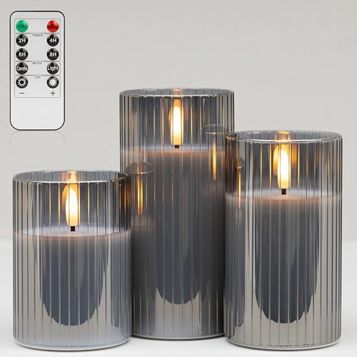 Gray Flickering Flameless Candles with Remote and Timer for Home Decor - color: Grey Glass(Ribbed)