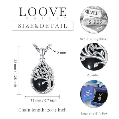 Sterling Silver Tree of Life Necklace for Women Oval Family Tree Necklace Abalone Shell Moonstone Pendant Mother Day Necklace for Mom Tree of Life Jewelry - style: Tree of Life-Obsidian-2