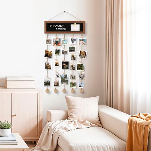 4 THOUGHT Picture Frame Collage Hanging Photo Display Board, 15.7" x 5" | Blackboard, Picture Board, Wooden Rustic Frame, Wall Decor, Includes 30 Clips