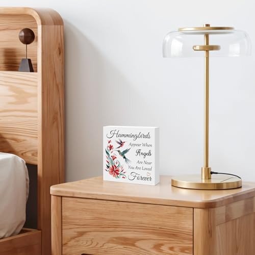 Memorial Gift Hummingbird Decorative Sign Gift Hummingbirds Appear When Angels Are Near Wooden Box Sign Sympathy Gift for Loss Of Loved Memorial Decor Home Desk Shelf Table Decor