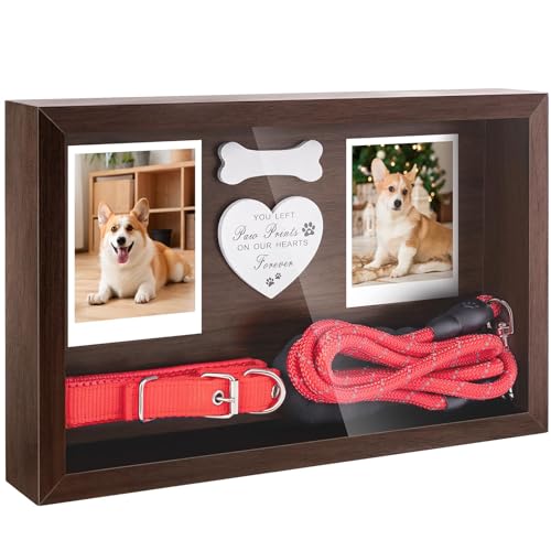 Dog Memorial Gifts for Loss of Dog, Pet Memorial Dog Picture Frame 13" Wooden Shadow Box Display with Collar & Leasd Holder, Sympathy Gift for Loss of Dog/Cat, Wall Hanging & Tabletop(Brown) - color: Brown