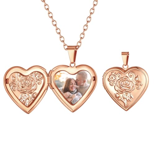 FindChic Locket Necklace for Women Custom Photo Memorial Gifts Multi-Shaped - color: Rose-Embossed Heart