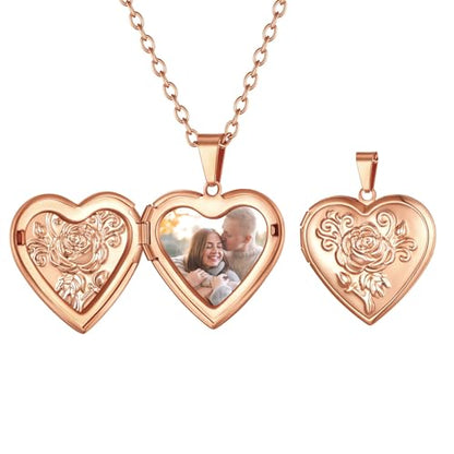 FindChic Locket Necklace for Women Custom Photo Memorial Gifts Multi-Shaped - color: Rose-Embossed Heart