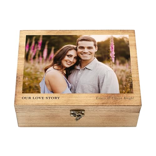Let's Make Memories Personalized Wooden Keepsake Box With Hinged Lid - Wood Memento Box - Decorative Storage - Home Decor - For Couples, Wedding, Newlyweds - Upload Your Photo - Our Love Story - style: Photo - Our Love Story