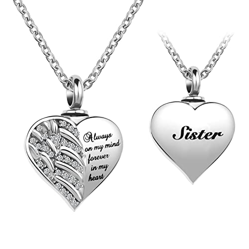 Guardian Angel Wings Cremation Jewelry for Ashes Heart Crystal Urn Necklaces for Ashes Memorial Keepsake Necklace Always on Mind Forever in My Heart - style: Sister