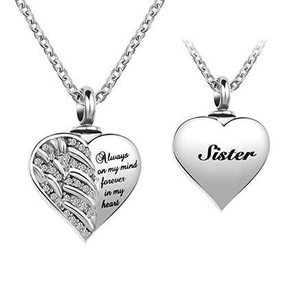 Guardian Angel Wings Cremation Jewelry for Ashes Heart Crystal Urn Necklaces for Ashes Memorial Keepsake Necklace Always on Mind Forever in My Heart - style: Sister