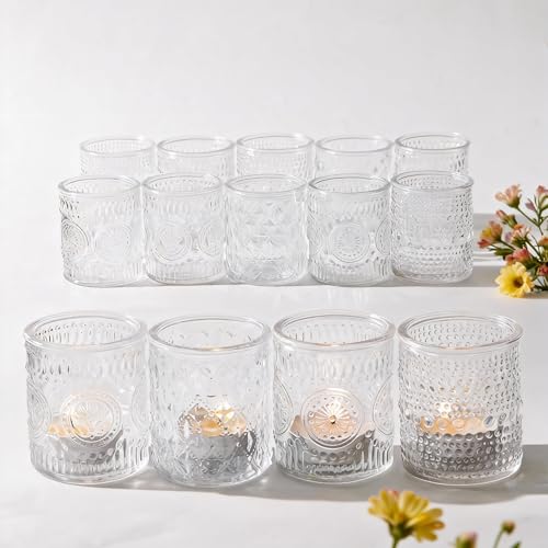 LETINE 16 Pcs Clear Glass Votive Candle Holders, Set of 4 Assorted Embossed Patterns, Tealight Candle Holders Bulk for Wedding Table Centerpieces, Thanksgiving & Party Decorations (2.1” D x 2.56” H) - color: Clear