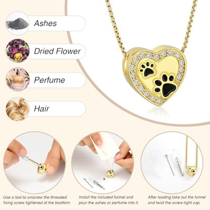 Oinsi Pet Cremation Jewelry - Heart Urn Necklaces for Dog Cat Ashes Keepsake Pet Paw Memorial Urn Pendant Ash Holder for Women Men - color: Gold