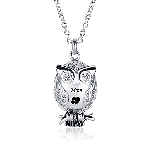 Owl Animal Cremation Urn Necklace for Ashes Crystal Memorial Keepsake Pendant Jewelry with Funnel Filler Kit for Dad Mom Grandma - style: Mom