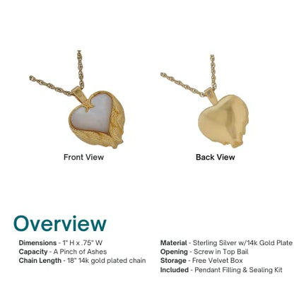 Heart Angel Wings Gold Cremation Jewelry, Sterling Silver, Pendant and Necklace for Ashes