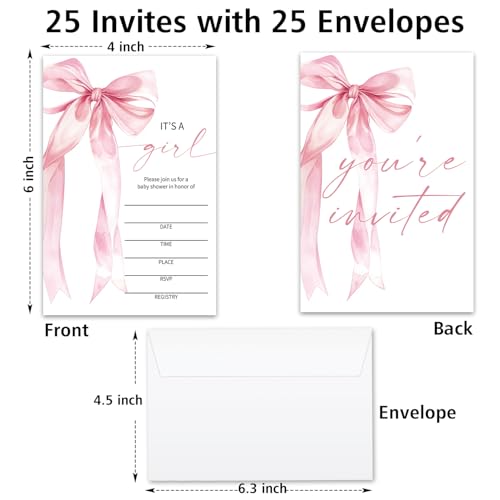 Pink Bow Baby Shower Invitations for Girls, Baby Announcement Invite Cards, 25 Set of Fill-in Baby Shower Invites with Envelopes, Gender Reveal Party Supplies -B03 - color: Pink Bow-02