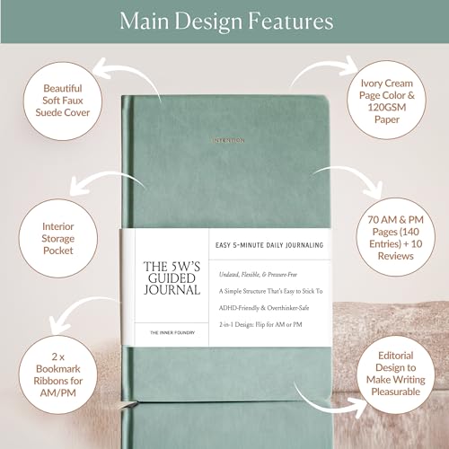 Quick & Easy Daily Guided Journal for Women | Low Pressure Self-Care and Wellness Journal with Prompts – 2 Sided AM & PM Entries and Brain Dump | Anxiety Relief Item & ADHD Friendly Gift - The 5W's Guided Journal - color: Duck Egg Blue