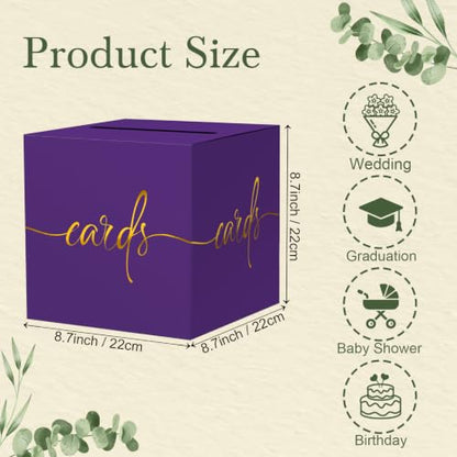 Purple Card Box with Gold Foil Design, Paperboard 8.7" Gift Card Holder for Wedding Graduation Birthday Party Reception Retirement Anniversary Bridal & Baby Shower - color: Purple Card Box with Gold Foil, size: 8.7×8.7×8.7Inch(1 Pack)