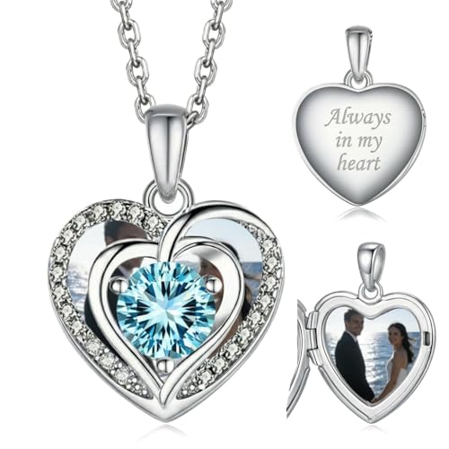 Locket Heart Necklace that Holds Pictures Photo Lockets Birthstone Pendant Anniversary Memorial Jewelry Gifts for Women - color: 03-March-Silver-Heart Locket