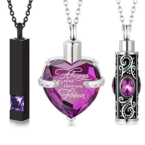 MTLEE 3 Pieces Cremation Urn Necklace for Ashes Vertical Bar Zircon, Heart Crystal Necklace Urn Stainless Steel Waterproof Memorial Pendant - color: Purple Zircon