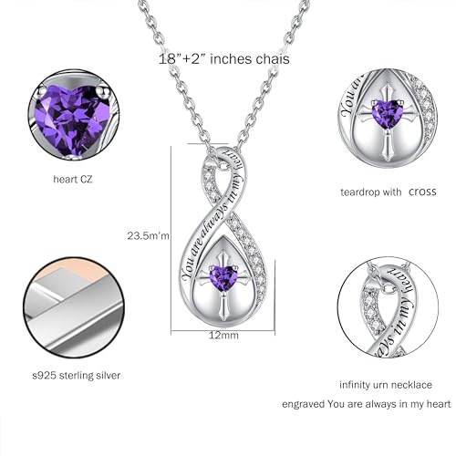 ZOEXUE Infinity Cross Cremation Jewelry - S925 Sterling Silver Cross Urn Necklace for Women - Birthstone Cross with Heart CZ Ashes Keepsake Pendant Memorial Urn Jewelry Gift for A Loss Loved Ones - color: purple