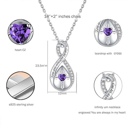 ZOEXUE Infinity Cross Cremation Jewelry - S925 Sterling Silver Cross Urn Necklace for Women - Birthstone Cross with Heart CZ Ashes Keepsake Pendant Memorial Urn Jewelry Gift for A Loss Loved Ones - color: purple