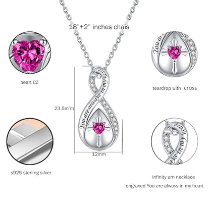 ZOEXUE Infinity Cross Cremation Jewelry - S925 Sterling Silver Cross Urn Necklace for Women - Birthstone Cross with Heart CZ Ashes Keepsake Pendant Memorial Urn Jewelry Gift for A Loss Loved Ones - color: rose