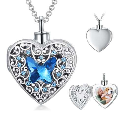 Dorunmo Personalized Heart Urn Locket Necklace for Ashes and Pictures 925 Sterling Silver Customized Locket Memorial Keepsake Cremation Jewelry for Ashes for Women Men Keep Someone Near to You - color: Blue Butterfly, style: Personalized Photo + Text