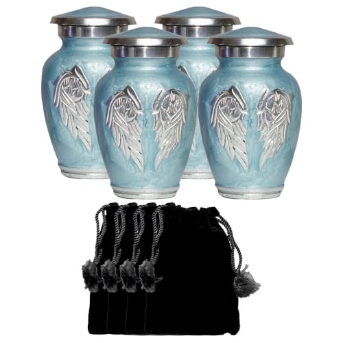 Angel Wings Funeral Cremation Urn with Velvet Bag Sky Blue, Set of Four Small Keepsakes - color: Sky Blue, size: Set of Four Small
