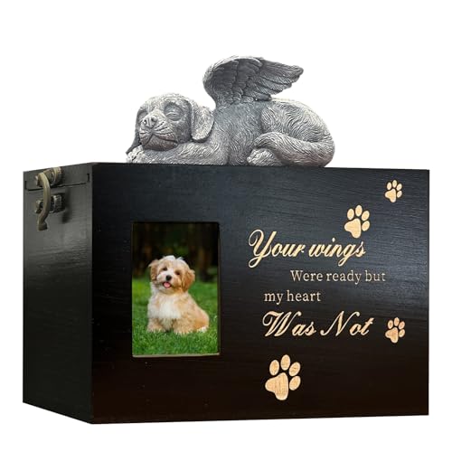Large Black Dog Urn for Ashes, Wooden Pet Memorial Urn with Photo Frame, Handcrafted Dog Cremation Box with Angel Statue, Pet Casket for Dogs, Sympathy Gift for Pet Loss（Dog Urn-Black-Wings-XL - color: Dog Urn-black-wings, size: Extra Large