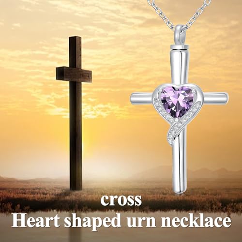 TOUPOP Cross Urn Necklaces for Ashes Birthstone Cremation Jewelry 925 Sterling Silver Cross Memorial Keepsake Funeral Jewelry for Women (with Funnel Filler) - color: 02-February-Amethyst