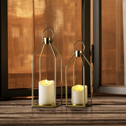 Homemory Modern Farmhouse Gold Metal Lanterns 2PCS with Flameless Candle - color: Gold