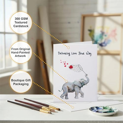 Watercolor Elephant "Thinking of You" Card – "Delivering Love Your Way" – Heartfelt Encouragement & Support Card for Friends, Family – 5x7 Premium Textured Art Stationery – Blank Inside