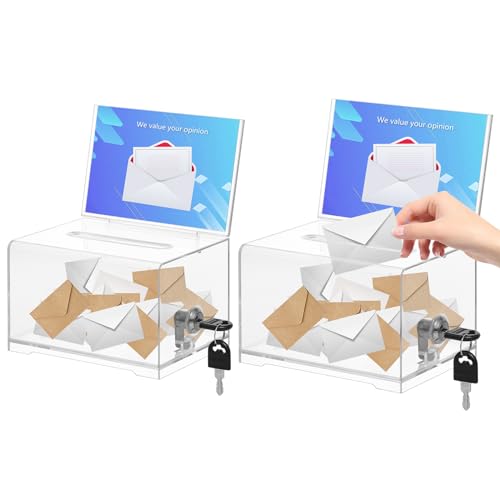 KYODOLED Clear Donation Box With Lock, Acrylic Raffle Box & Tip Jar, 2 Pack | 4x6" Sign Holders, Cash & Raffle Tickets Collection, Church Fundraising, School Voting & Office Tips, 6.2 x 4.6 x 4.0 In - color: Clear-PS-2P, size: 6.2 x 4.6 x 4 inch