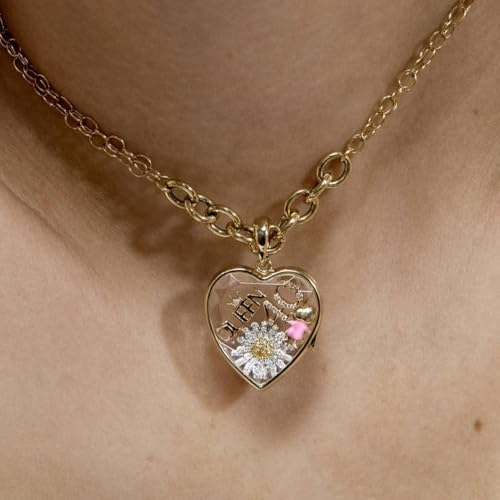 Women Locket Necklace Titanium steel Round 18K Gold Photo Lockets that Hold Picture Living Floating Memory Glass Locket Necklace for Family, Friends, Lovers - color: Gold heart