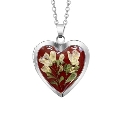 Handmade Dried Pressed Flower Heart Shaped Photo Locket Pendant Necklace - color: Silver, style: White Flower on Dark Red