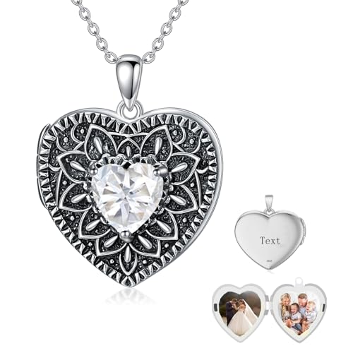 Heart Photo Locket Necklace 925 Sterling Silver Birthstone Gemstone That Holds 2 Pictures Locket Necklace Jewelry Gifts for Mother Women Mom Mother's Day Christmas Birthday - style: 04-April-Simulated Diamond-Customize