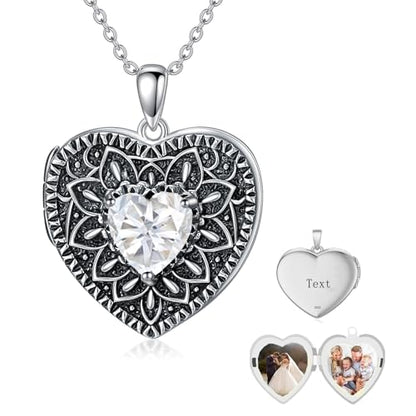 Heart Photo Locket Necklace 925 Sterling Silver Birthstone Gemstone That Holds 2 Pictures Locket Necklace Jewelry Gifts for Mother Women Mom Mother's Day Christmas Birthday - style: 04-April-Simulated Diamond-Customize