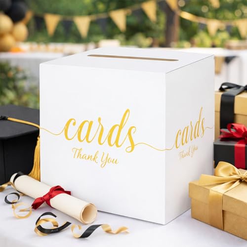Wedding Card Box with Slot White Gold 7.8 in Baby Shower Party | Graduation, Birthday, Bridal Shower, Wedding Reception, Holds Cards & Envelopes, Gift Cards, Easy Assembly, Folds Flat - color: WhiteGoldThanks
