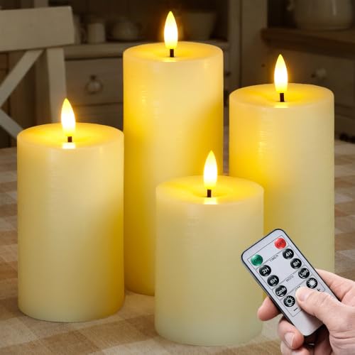 Set of 4 Ivory Real Wax Flameless Candles with Remote, Long Lasting Battery Operated LED Pillar 3" x 4" 5" 6" 7" with Timer and Flickering Electric for Home Decor - color: Ivory