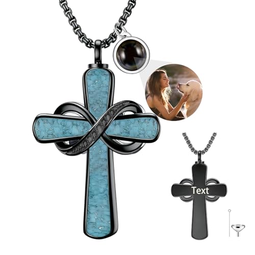 Turquoise Cross Urn Necklaces for Human Ashes 925 Sterling Silver Urn Necklaces Cremation Keepsake Memorial Pendant Necklace for Ashes for Loved One Human Pet - style: Infinity&Black-Text&photo