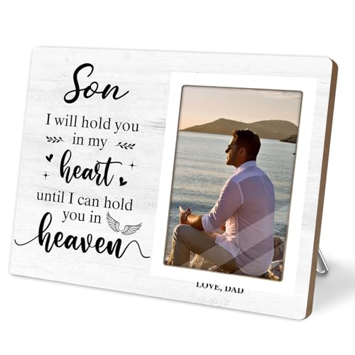 Memorial Photo Frame, Sympathy Gifts for Loss of Son, in My Heart, in Loving Memory Wooden Picture Frame, Bereavement Remembrance Funeral Passed AWay Condolence Gifts (White-Son, 4 x 6 Photo) - color: White-Son