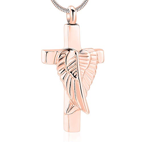 Cross Urn Necklace for Ashes Angel Wing Cremation Jewelry for Women Men Stainless Steel Memorial Necklaces Ash Holder for Human Pets Keepsake Jewelry for Loved Ones with Fill Tool - color: Wing-Black