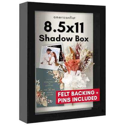 Americanflat 8.5x11 Shadow Box Frame with Shatter-Resistant Glass - Silhouette Collection - Large Shadow Box Display Case for Tabletop and Wall Display - Black with Soft Felt Back | Shatter-resistant glass, 1.5 inch interior depth, hangs vertical or horiz